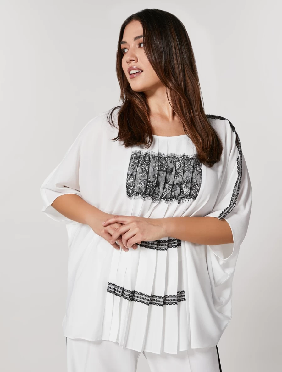 Marina Rinaldi Women's White Pleated Poncho with Lace Detail