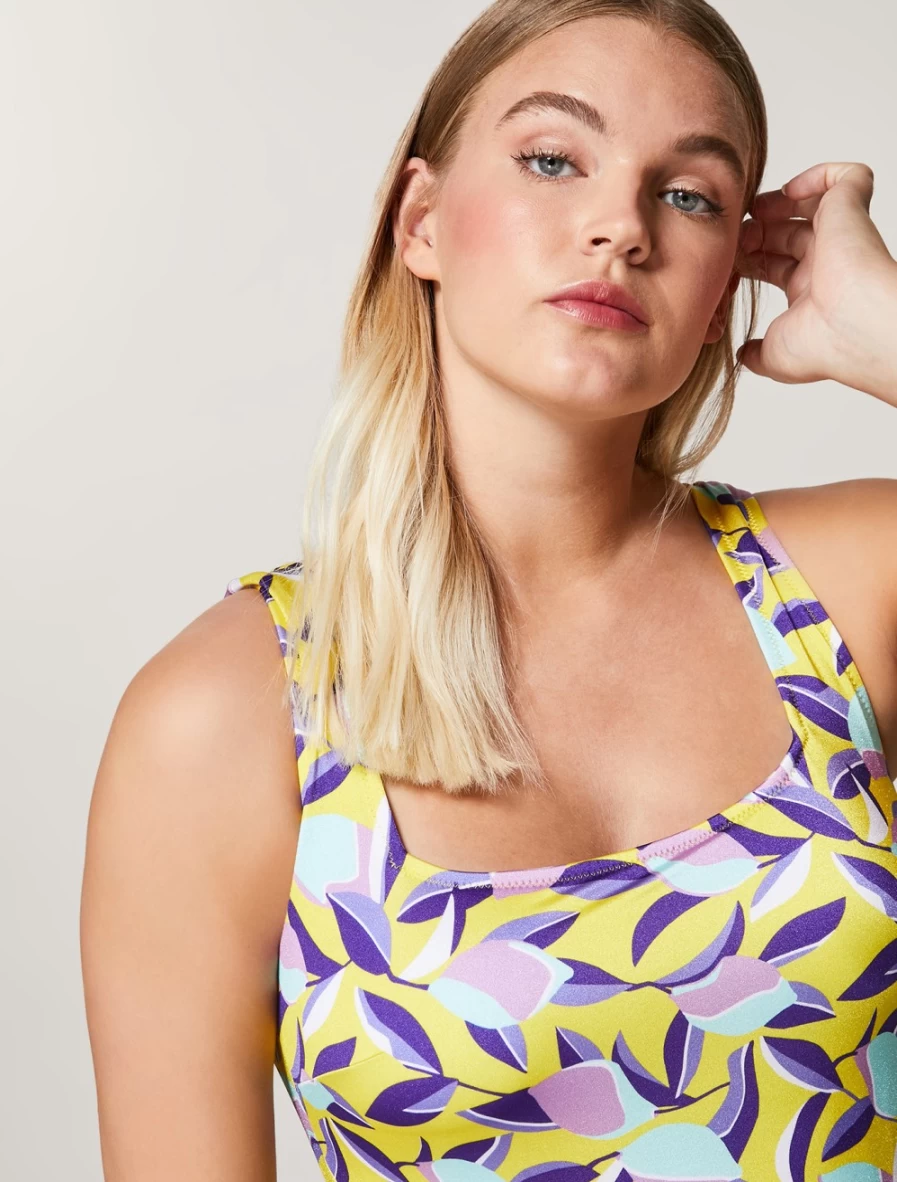 "Marina Rinaldi Women's Yellow Printed Lycra Swimsuit | Stylish One-Piece Bathing Suit"