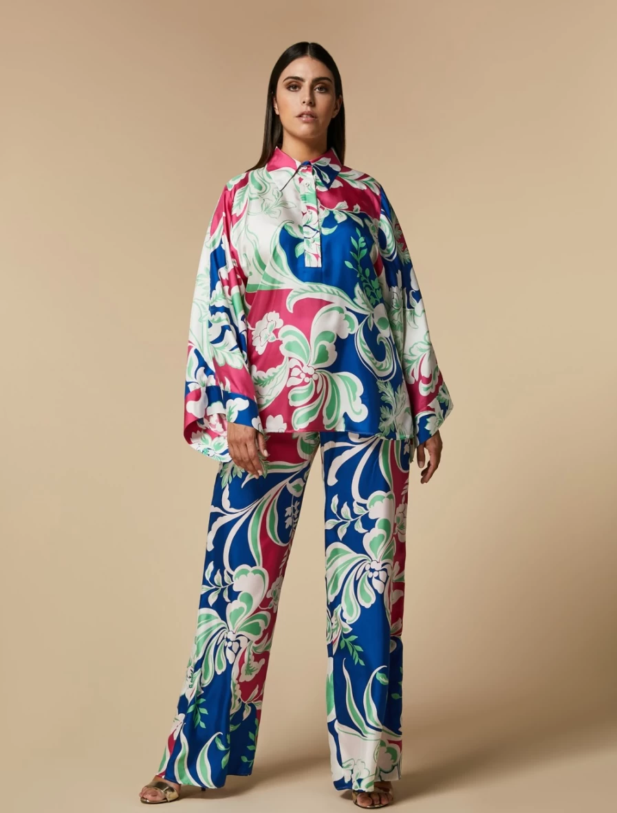 Marina Rinaldi Women's China Blue Silk Twill Trousers | Elegant High-Waisted Pants