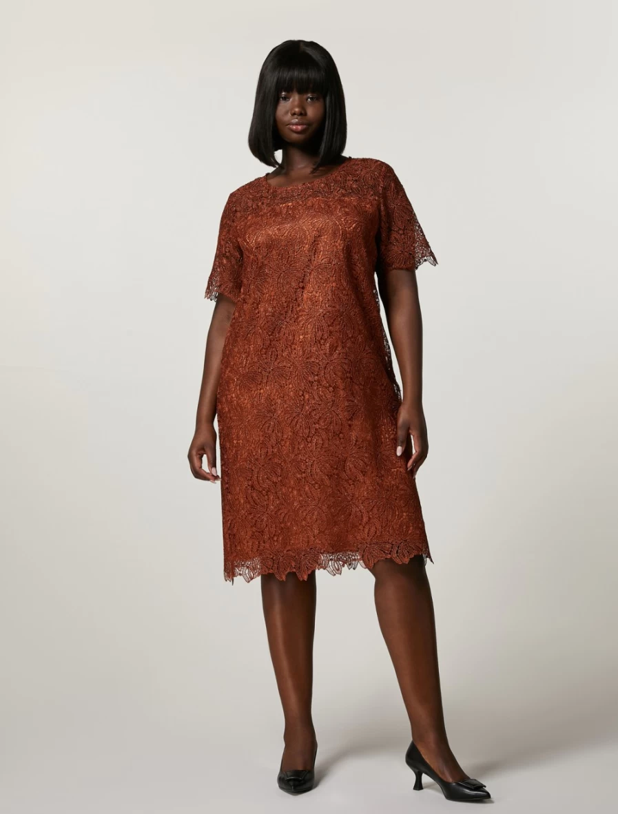 Marina Rinaldi Women's Rust Macramé Lace Dress – Elegant Boho Chic Style