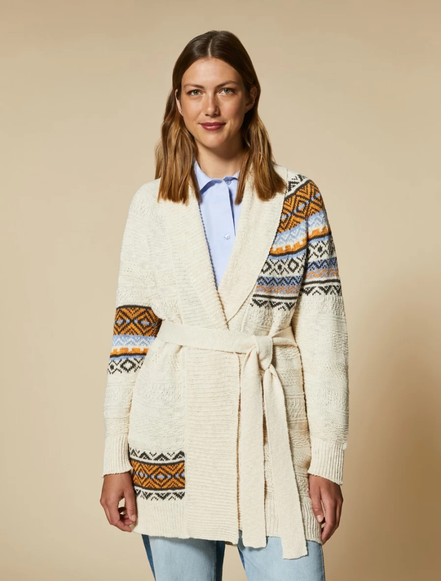 Marina Rinaldi Women's White Jacquard-Knit Linen Cotton Cardigan Sweater
