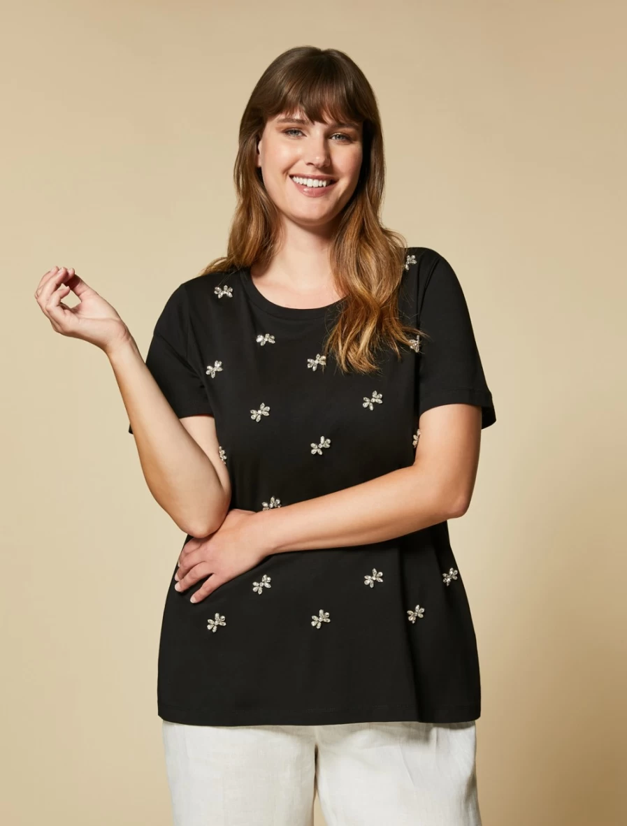 Marina Rinaldi Women's Black Embroidered Jersey T-Shirt