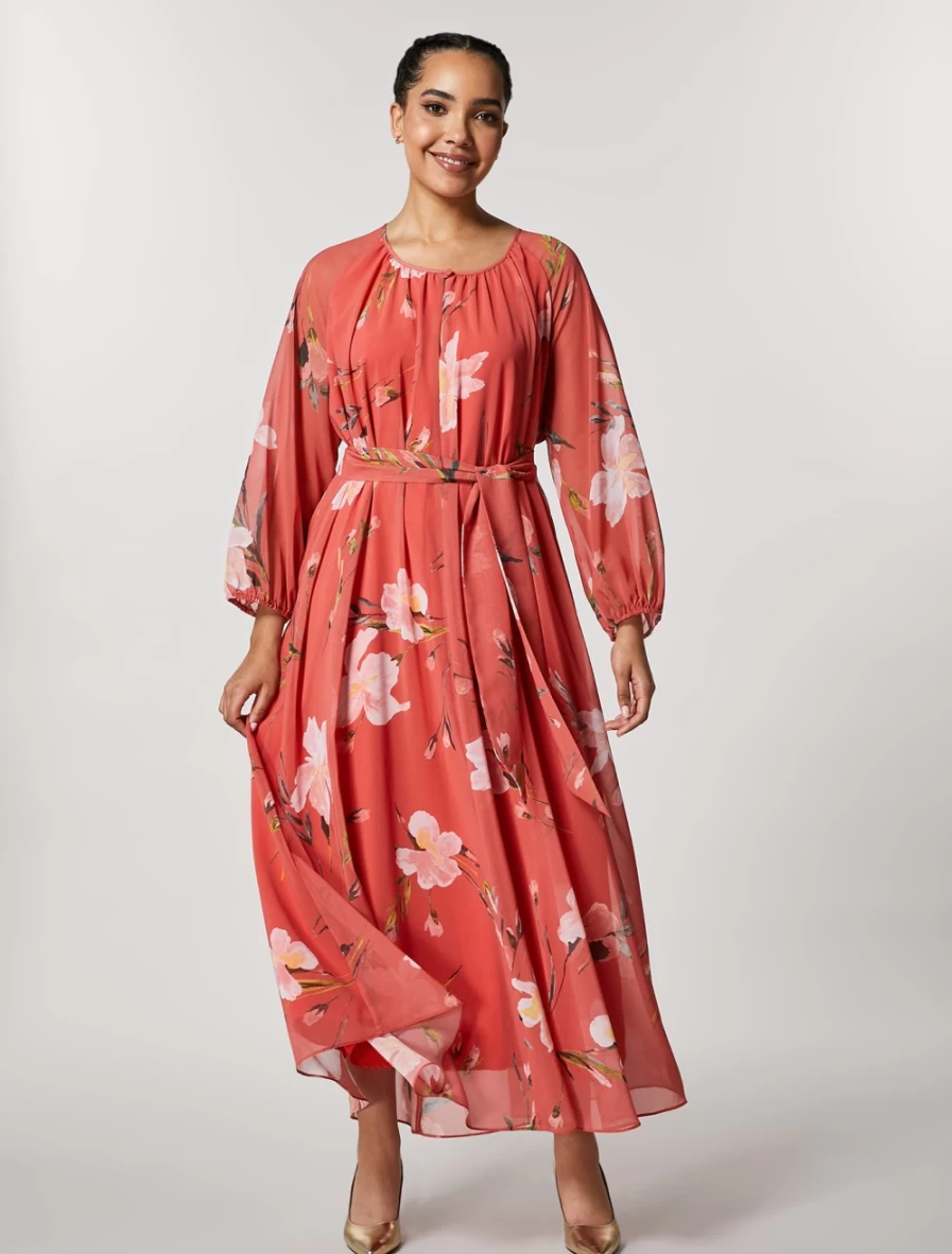 "Marina Rinaldi Women's Rust Georgette Dress – Elegant Flowy Style"