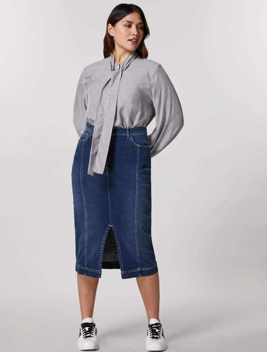 Marina Rinaldi Women's Dark Navy Super Stretch Denim Skirt - Comfortable & Stylish Midi Length