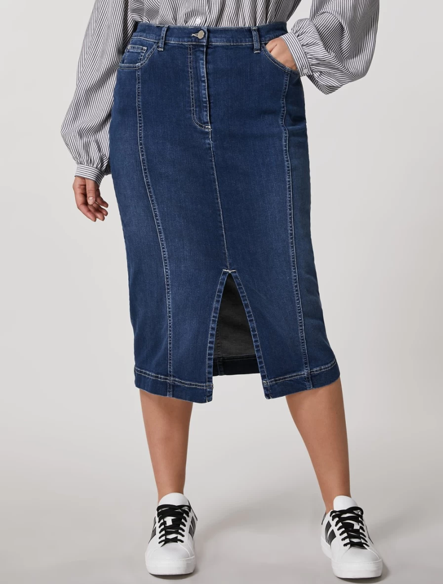 Marina Rinaldi Women's Dark Navy Super Stretch Denim Skirt - Comfortable & Stylish Midi Length