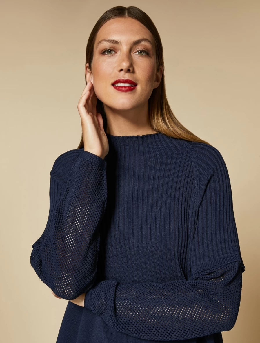 Marina Rinaldi Women's Dark Navy Openwork-Sleeve Rib-Knit Sweater