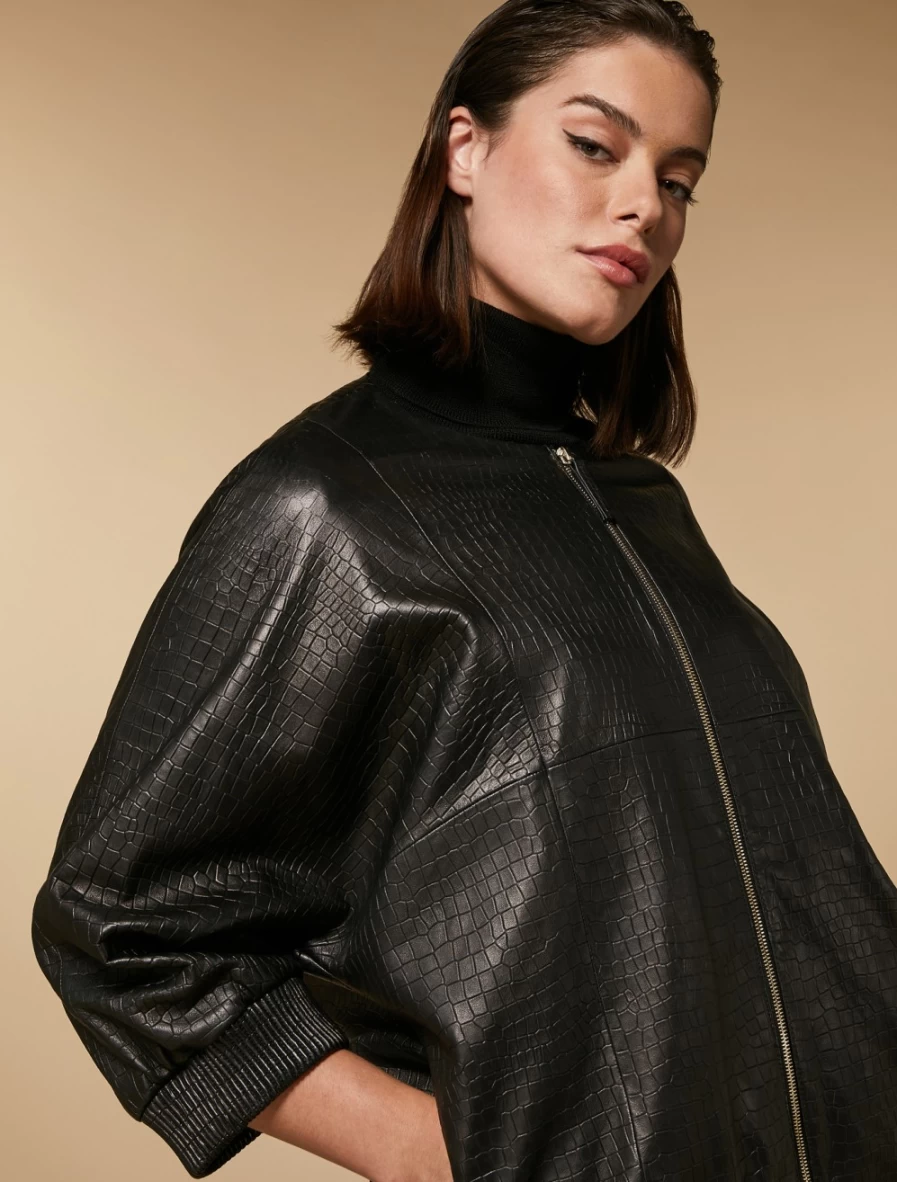 Marina Rinaldi Women's Black Crocodile-Print Nappa Leather Bomber Jacket