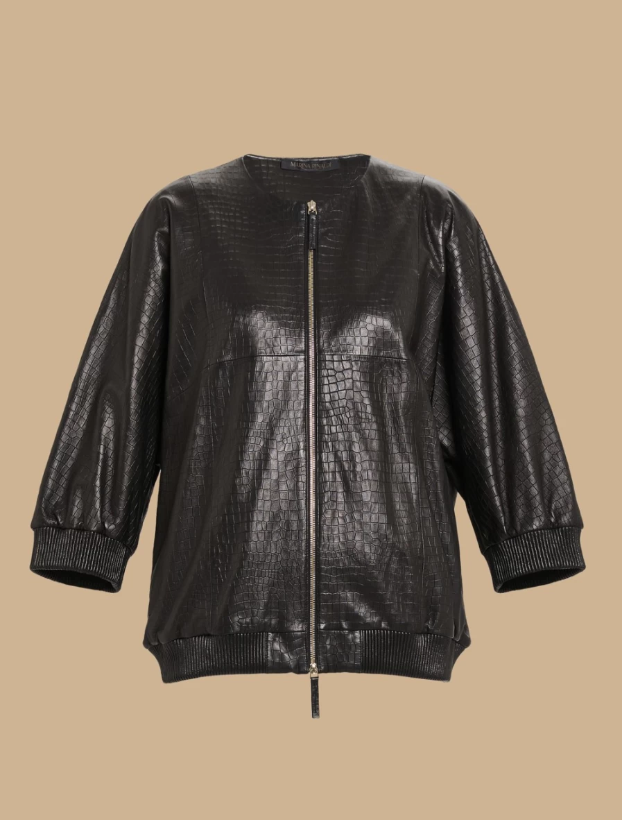 Marina Rinaldi Women's Black Crocodile-Print Nappa Leather Bomber Jacket