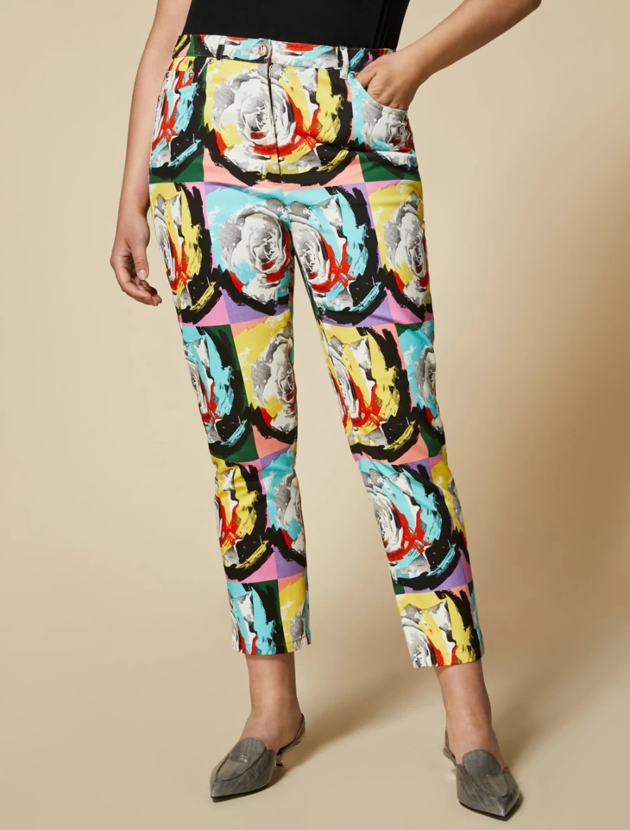 "Marina Rinaldi Women's Yellow Printed Drill Trousers | High-Waisted Comfort Pants"