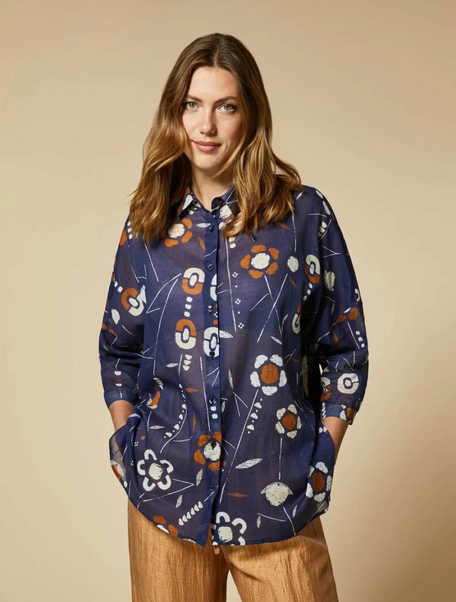 "Marina Rinaldi Women's Dark Navy Printed Cotton Shirt – Stylish & Comfortable"