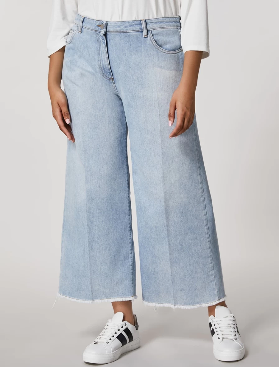 "Marina Rinaldi Women's Ski Blue Cotton Denim Trousers | High-Waist Comfort Fit"