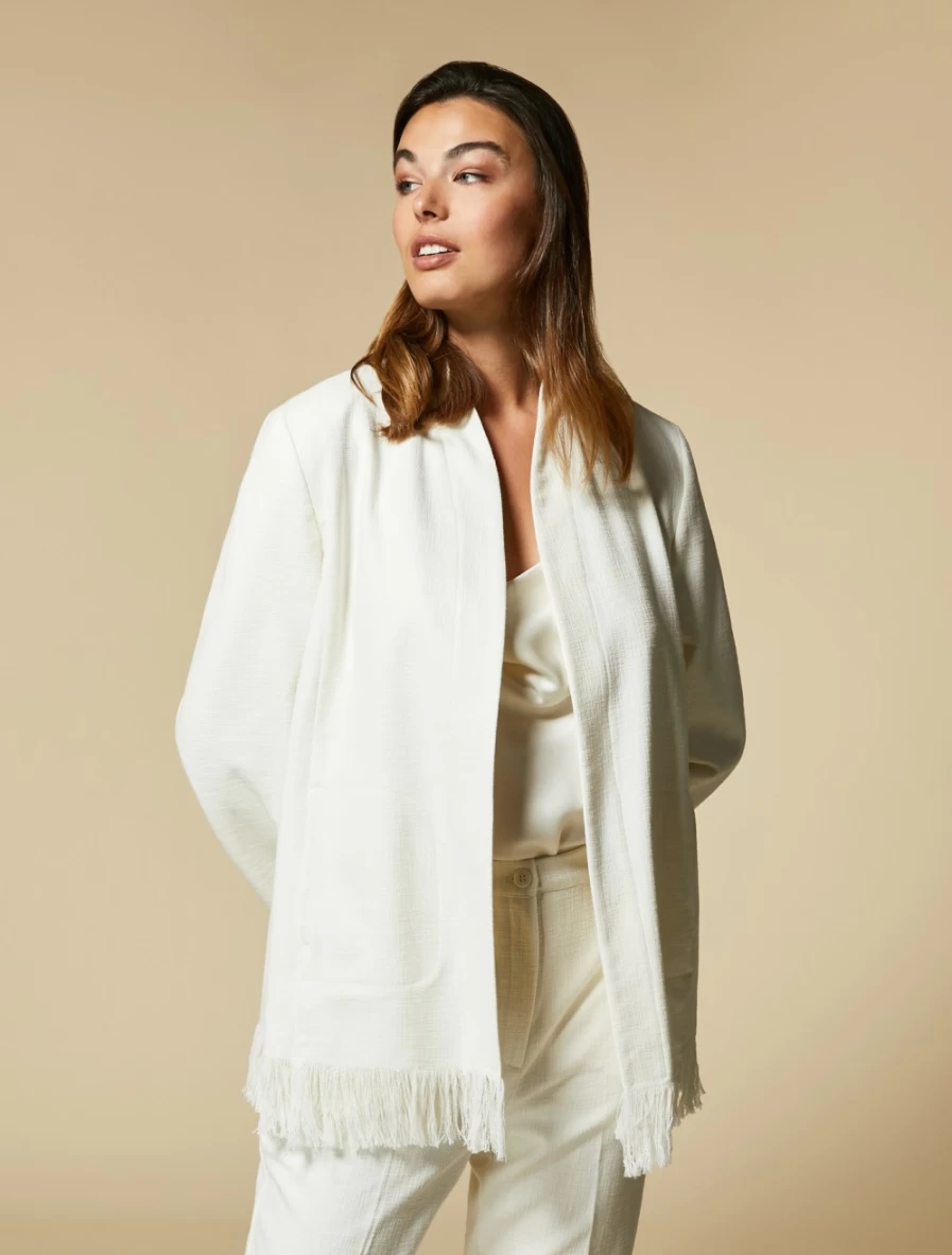"Marina Rinaldi Women's White Cotton Basketweave Jacket – Classic Knit Coat"