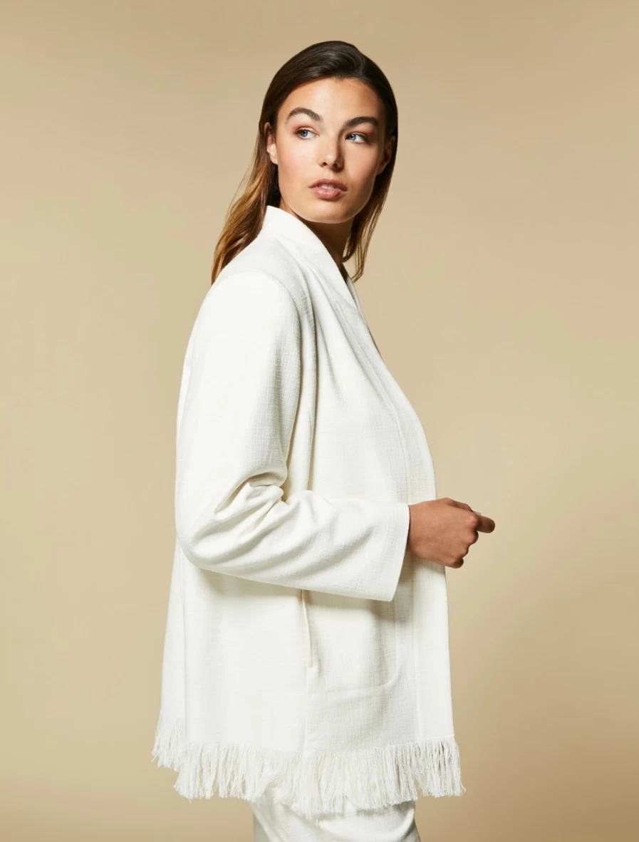 "Marina Rinaldi Women's White Cotton Basketweave Jacket – Classic Knit Coat"
