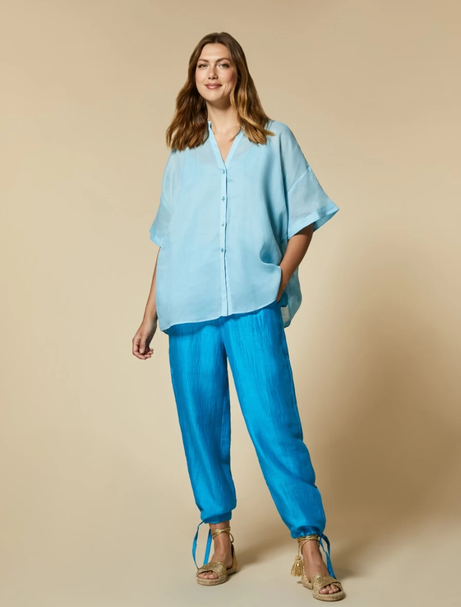 "Marina Rinaldi Women's Turquoise Linen-Blend Trousers"