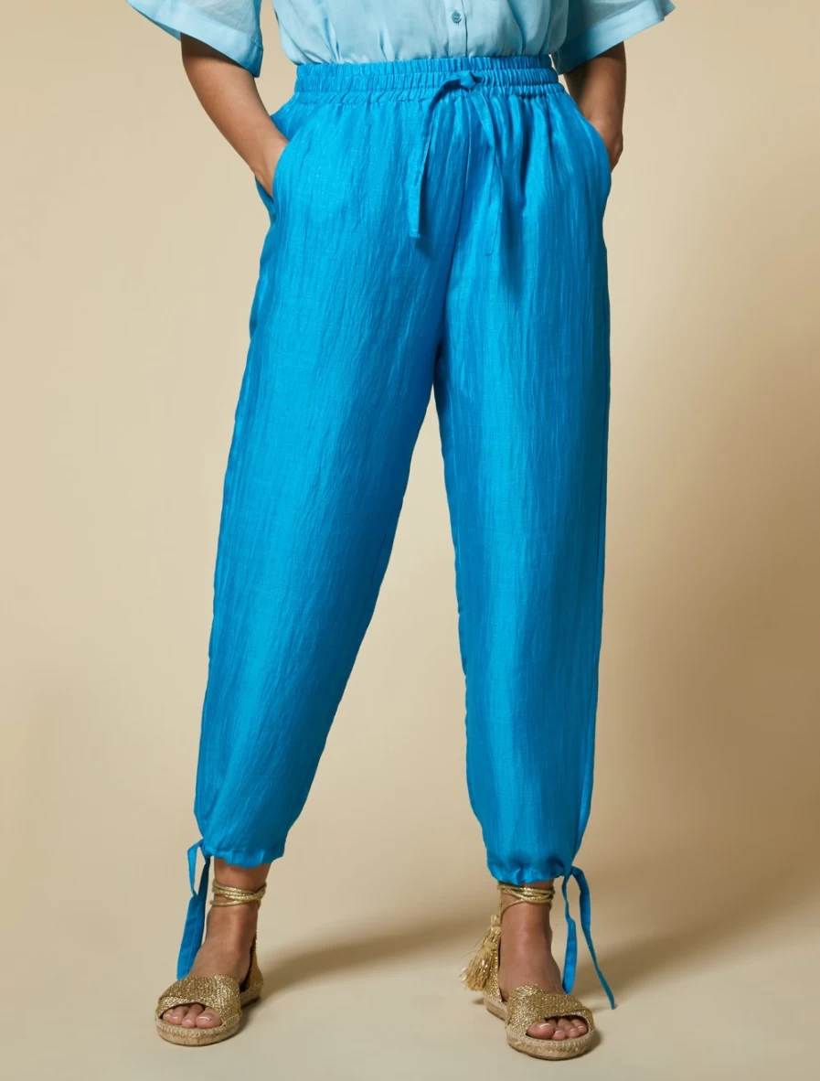 "Marina Rinaldi Women's Turquoise Linen-Blend Trousers"