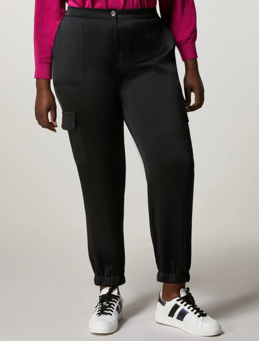 Marina Rinaldi Women's Black Hammered Satin Trousers - Elegant High-Waisted Pants