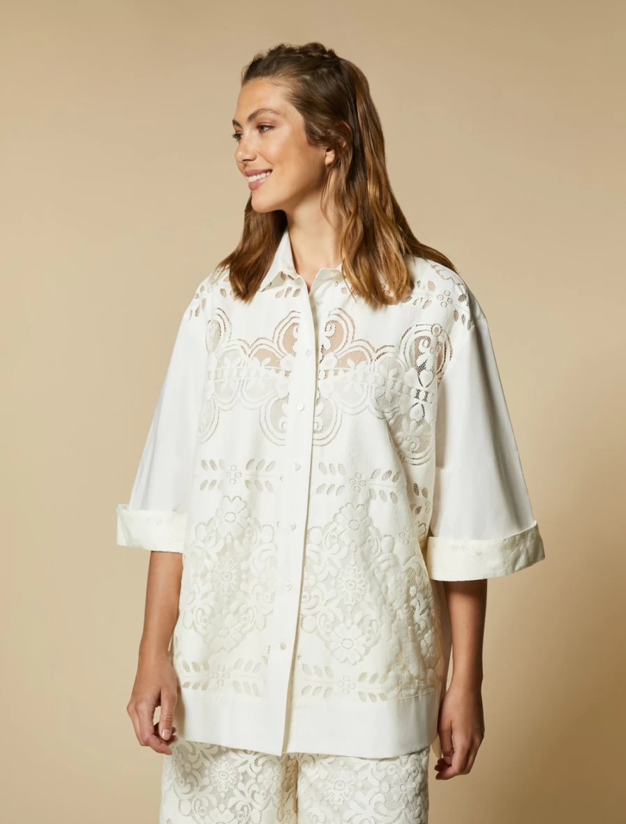 "Marina Rinaldi Women's White Poplin & Lace Shirt – Elegant Feminine Top"