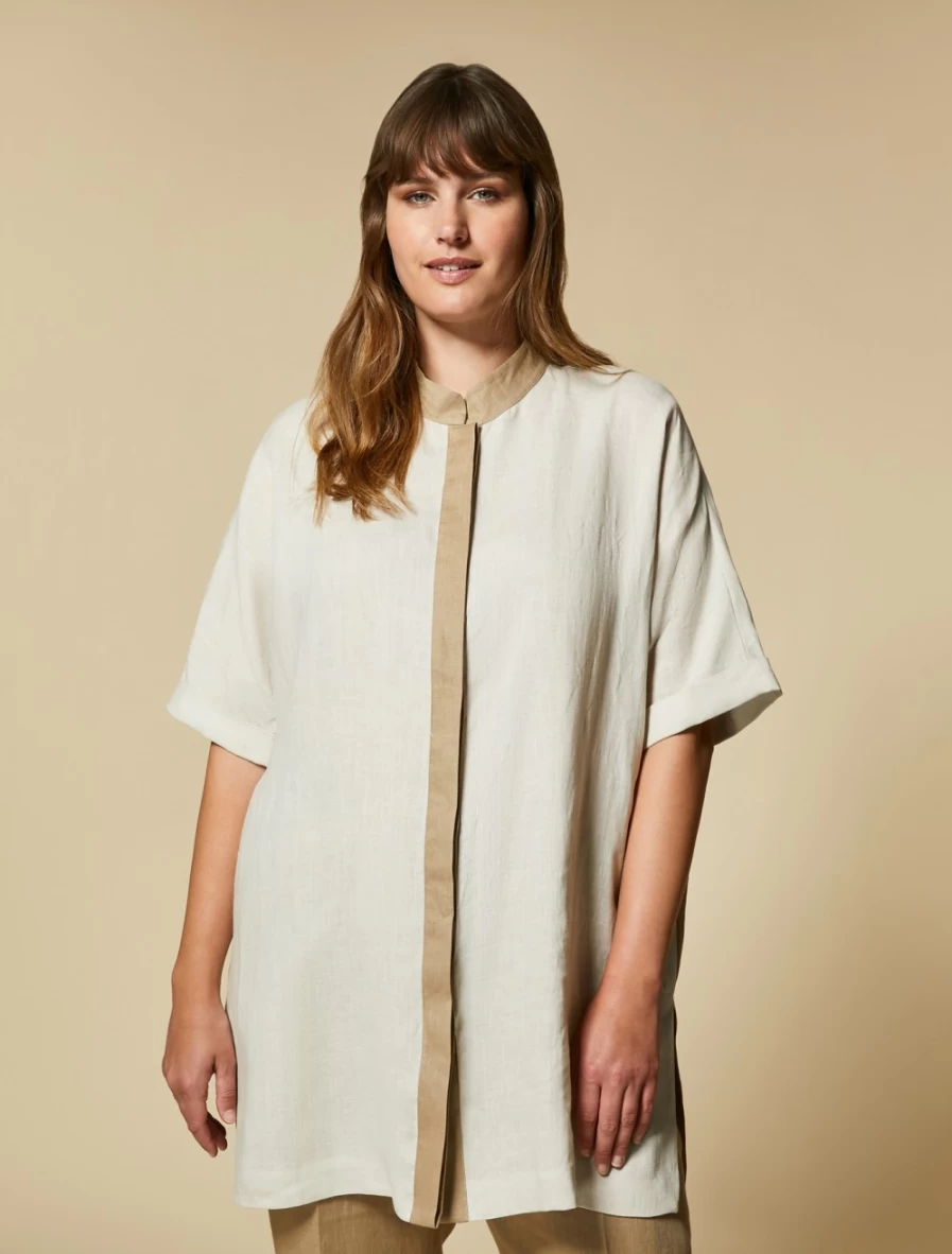 "Marina Rinaldi Women's Beige Colourblock Linen Shirt"