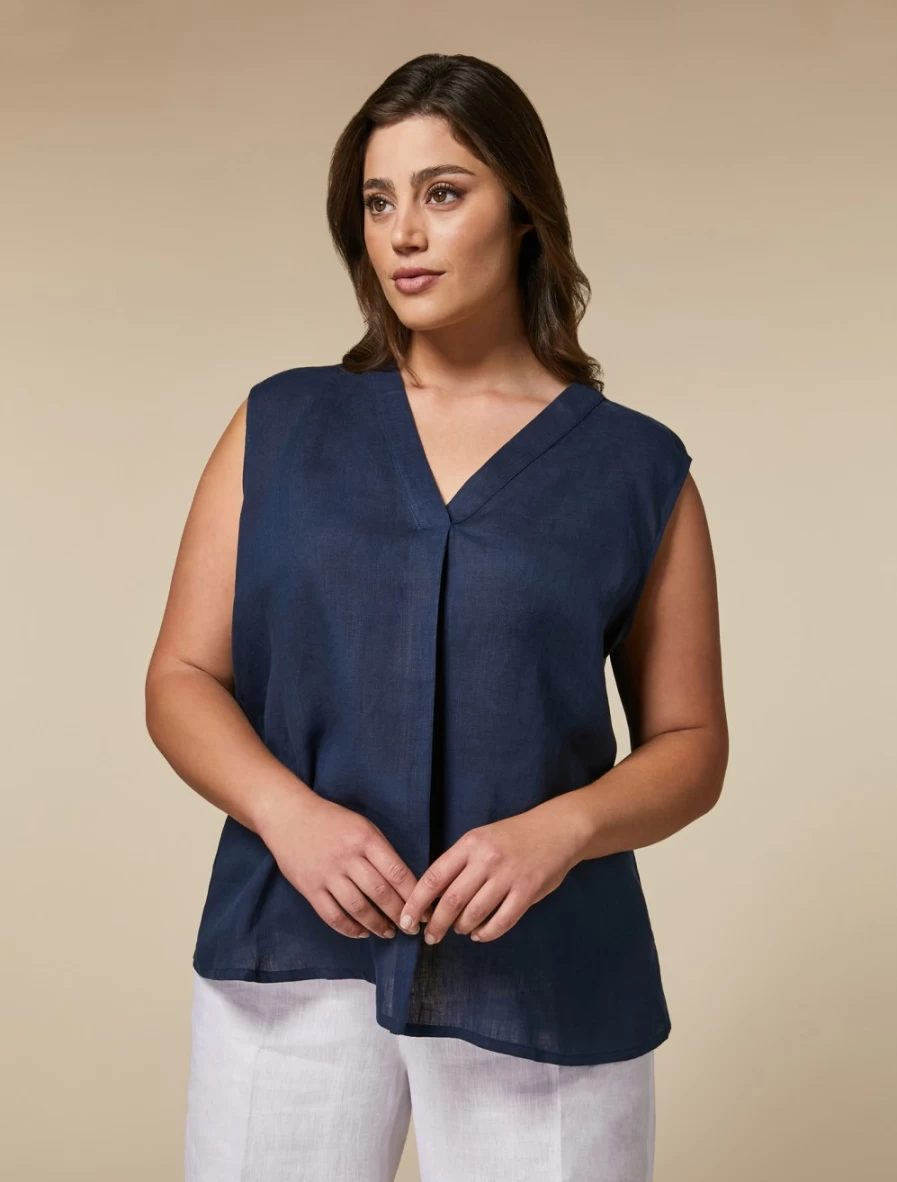 "Marina Rinaldi Women's Dark Navy Linen Top – Elegant & Comfortable Blouse"