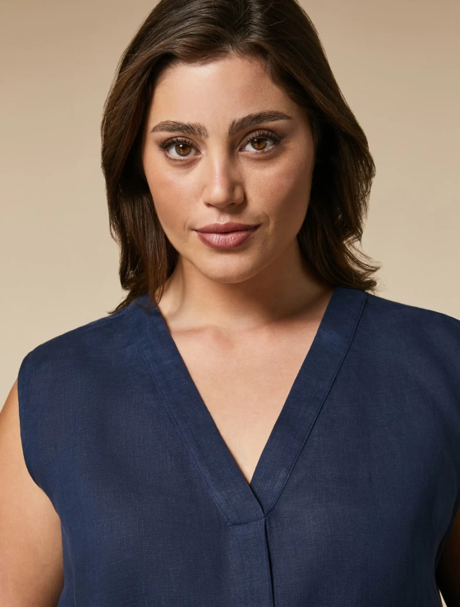 "Marina Rinaldi Women's Dark Navy Linen Top – Elegant & Comfortable Blouse"