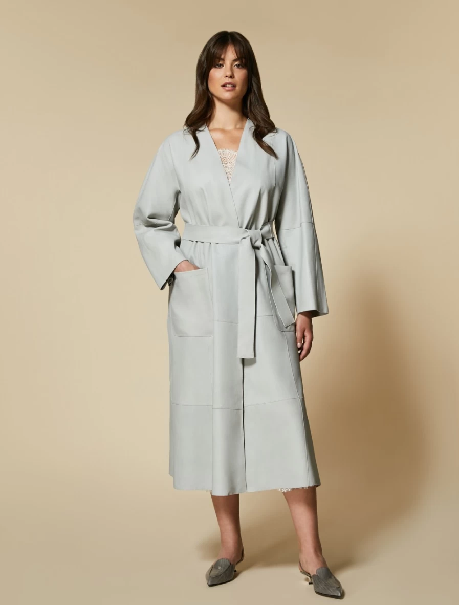 Marina Rinaldi Women's Light Grey Suede Duster Coat | Elegant Longline Jacket