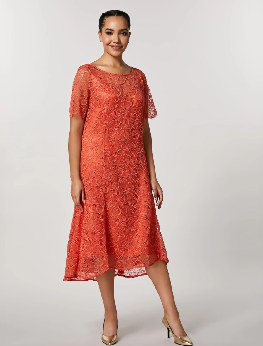 Marina Rinaldi Women's Rust Lace Dress - Elegant Rebrod Lace Design