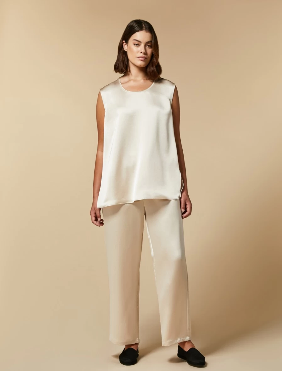 Marina Rinaldi Women's White Satin Trousers - Elegant High-Waisted Palazzo Pants
