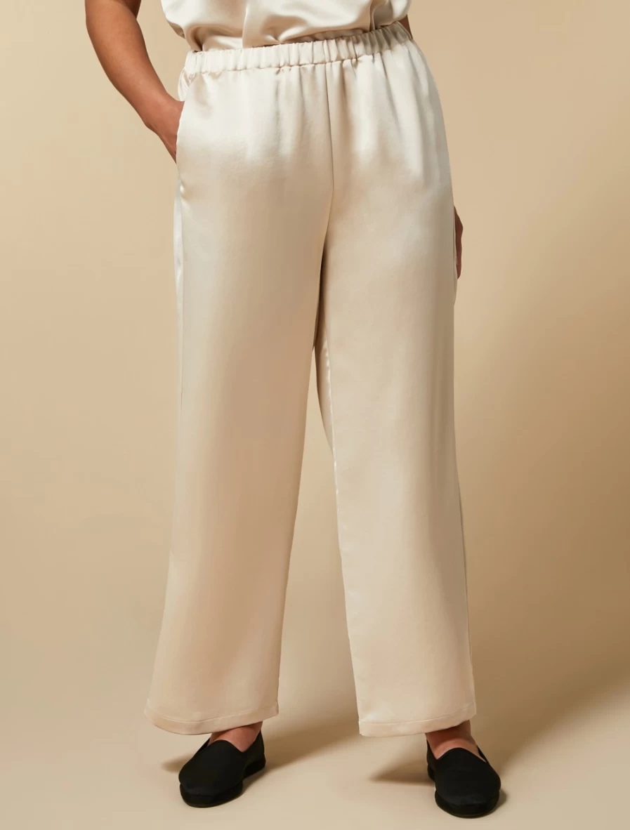Marina Rinaldi Women's White Satin Trousers - Elegant High-Waisted Palazzo Pants