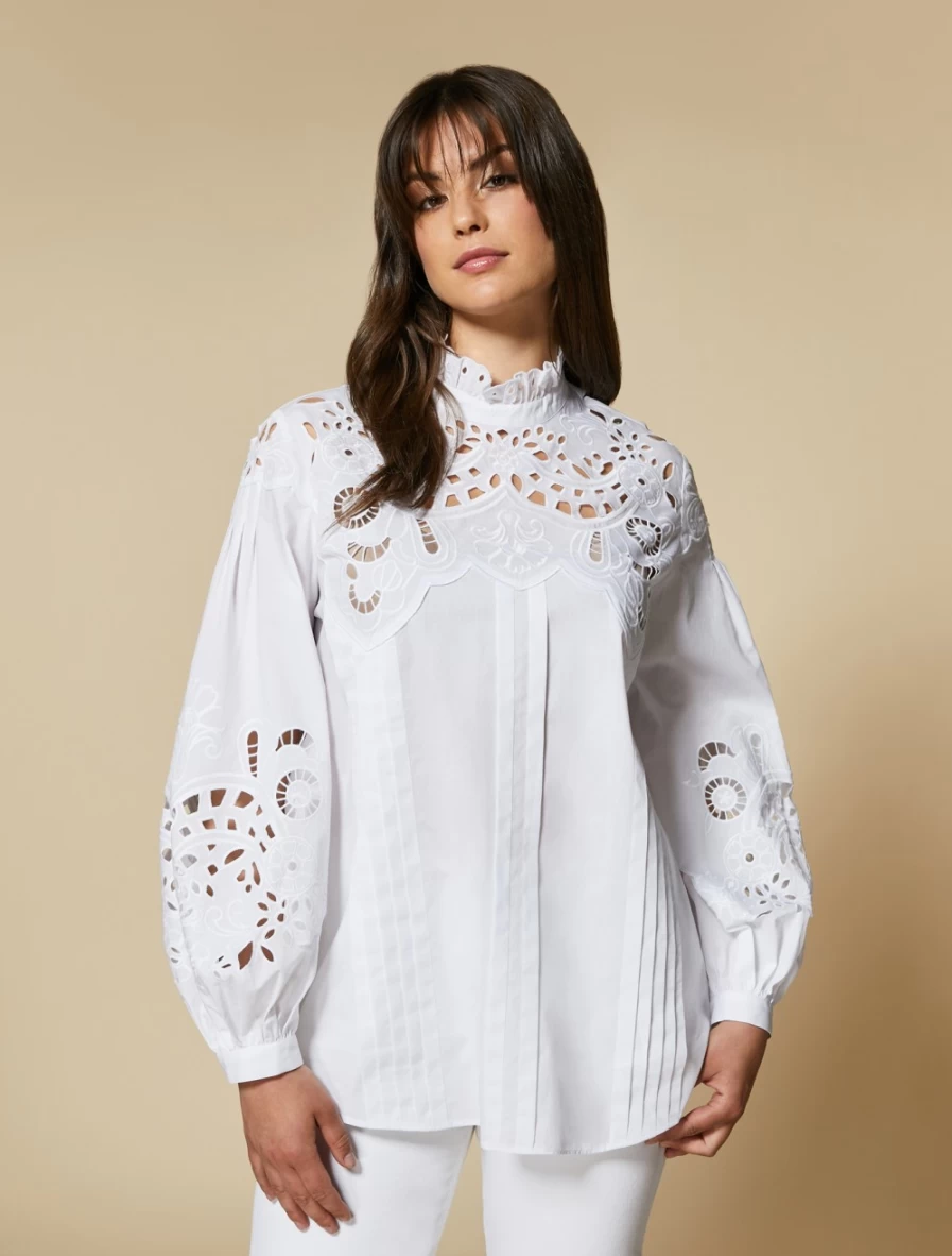 Marina Rinaldi Women's White Embroidered Poplin Blouse | Elegant Feminine Top