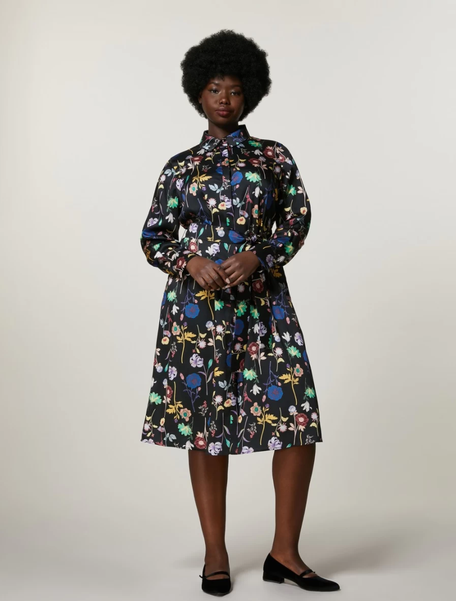 Marina Rinaldi Women's Black Patterned Twill Shirt Dress