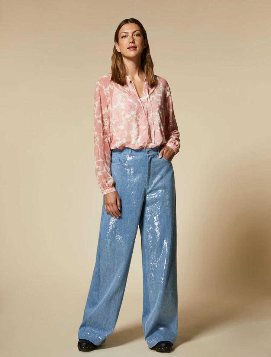 "Marina Rinaldi Women's Ski Blue Sequinned Denim Jeans | Embellished Stretch Jeans"