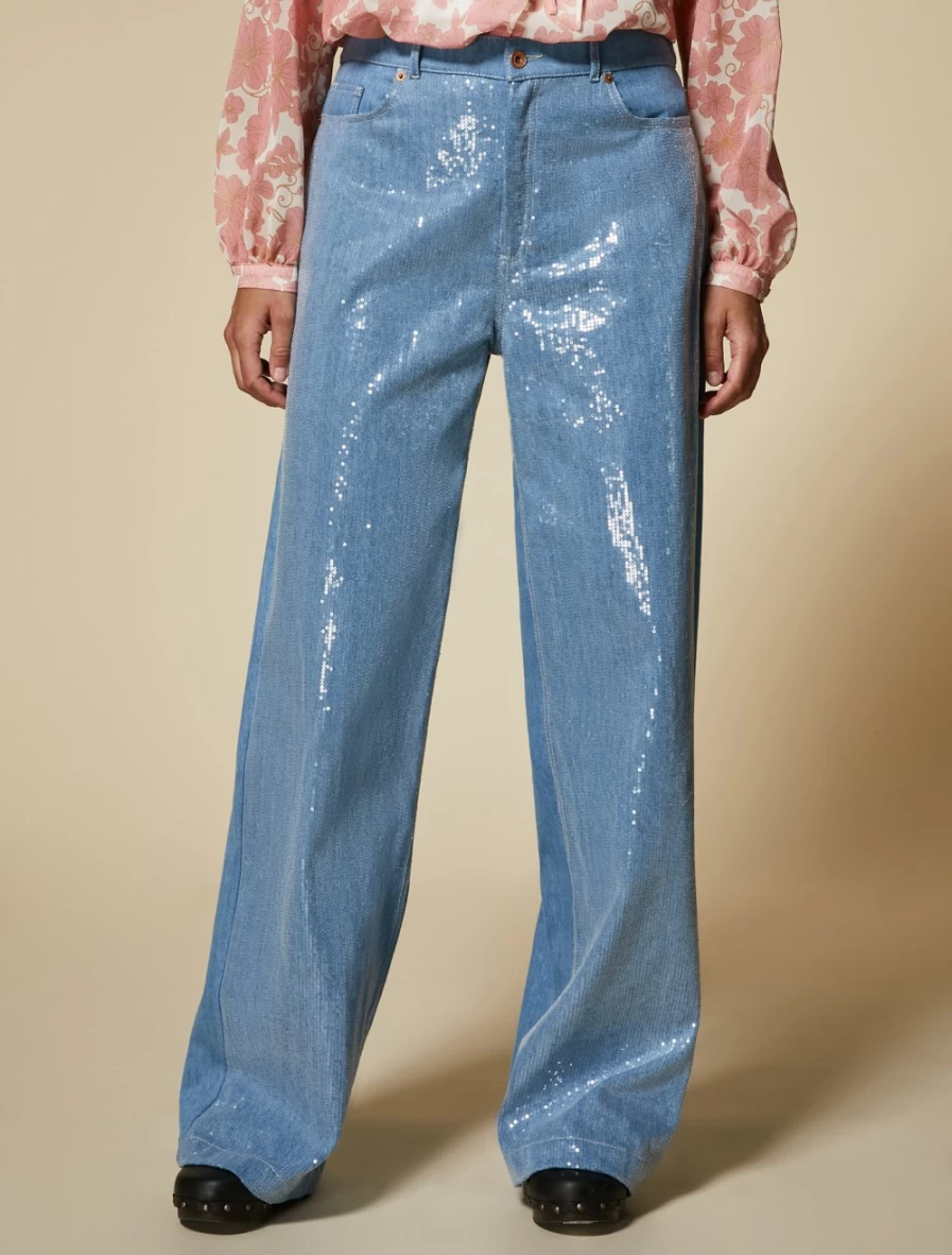 "Marina Rinaldi Women's Ski Blue Sequinned Denim Jeans | Embellished Stretch Jeans"