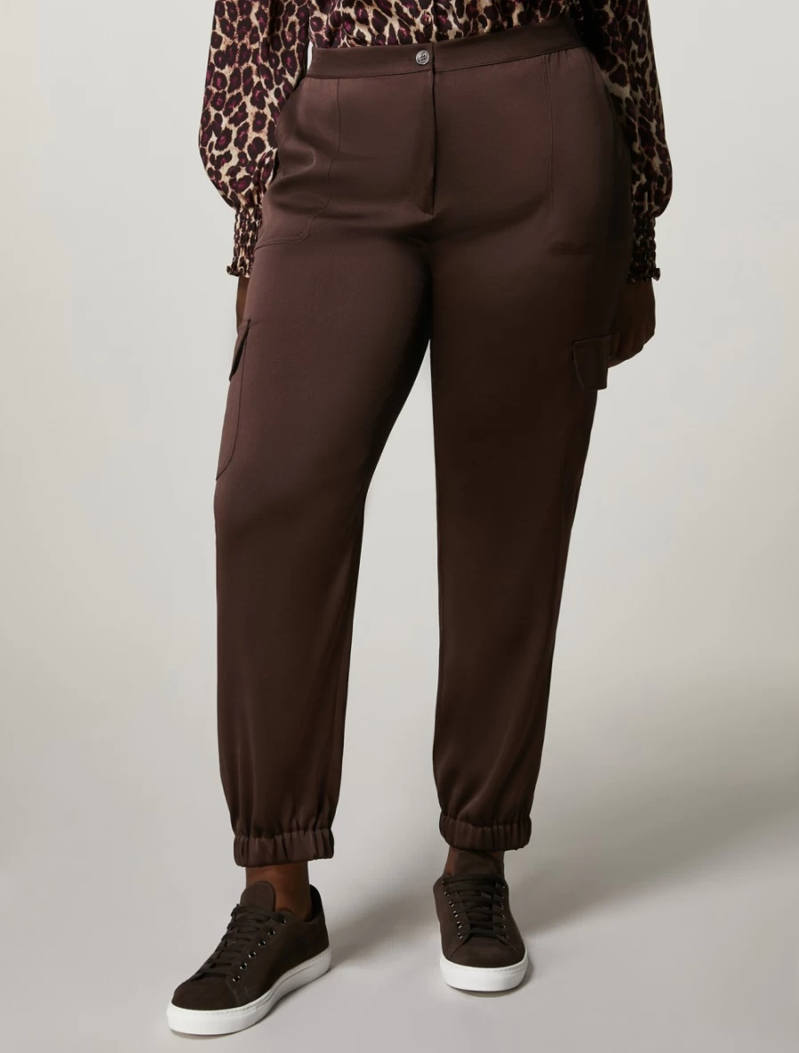 Marina Rinaldi Women's Dark Brown Hammered Satin Trousers | High-Waisted Elegant Pants