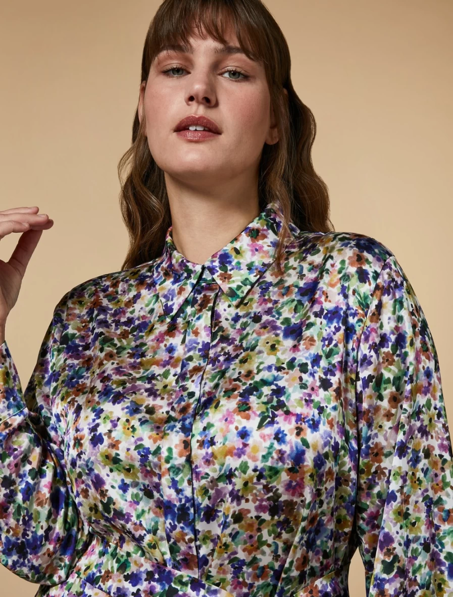 Marina Rinaldi Women's Wisteria Satin Shirt Dress - Elegant Long Sleeve Button Down Tunic Style