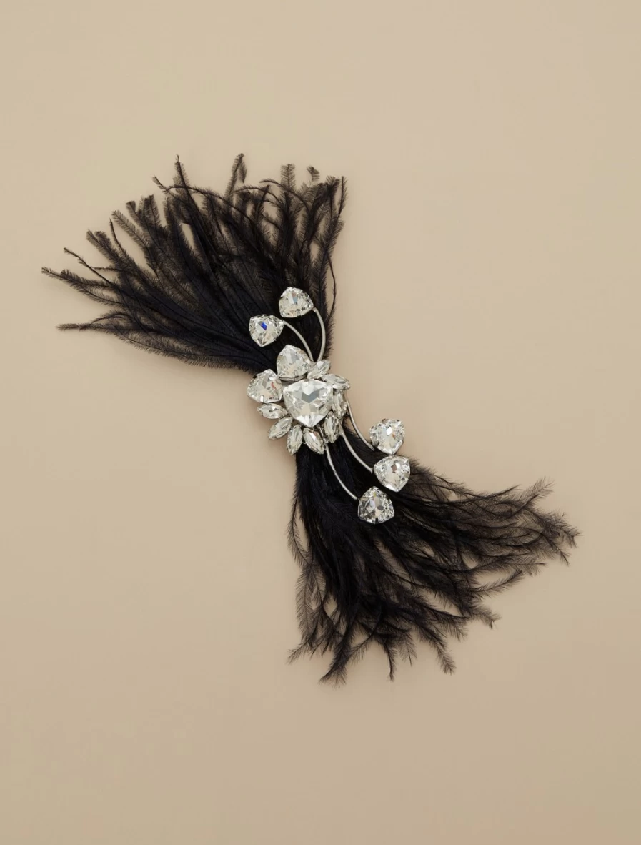 Marina Rinaldi Women's Dark Navy Bejewelled Brooch with Chaton and Feather Accents