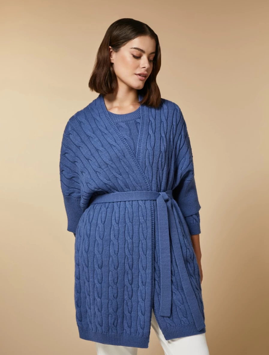 "Marina Rinaldi Women's Ski Blue Cable-Knit Wool Cardigan Sweater"