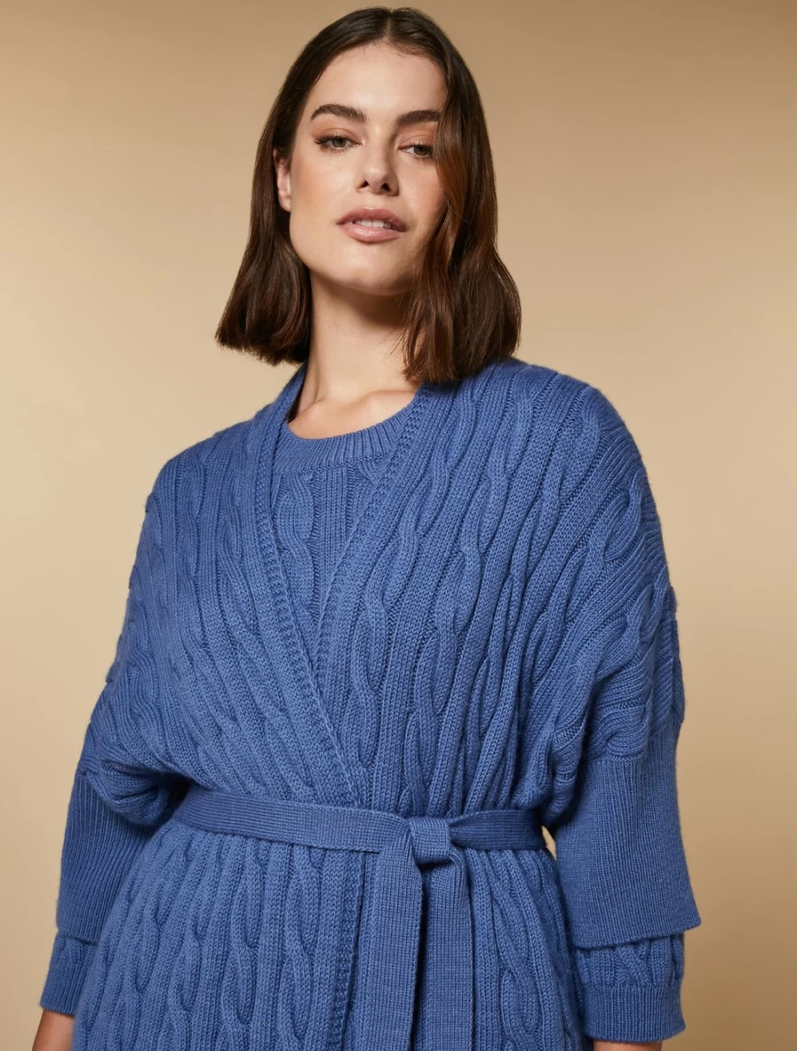 "Marina Rinaldi Women's Ski Blue Cable-Knit Wool Cardigan Sweater"