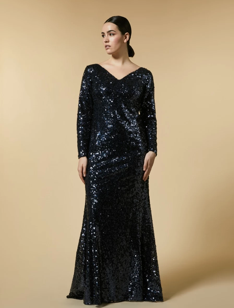 Marina Rinaldi Women's Dark Navy Sequinned Long Evening Dress