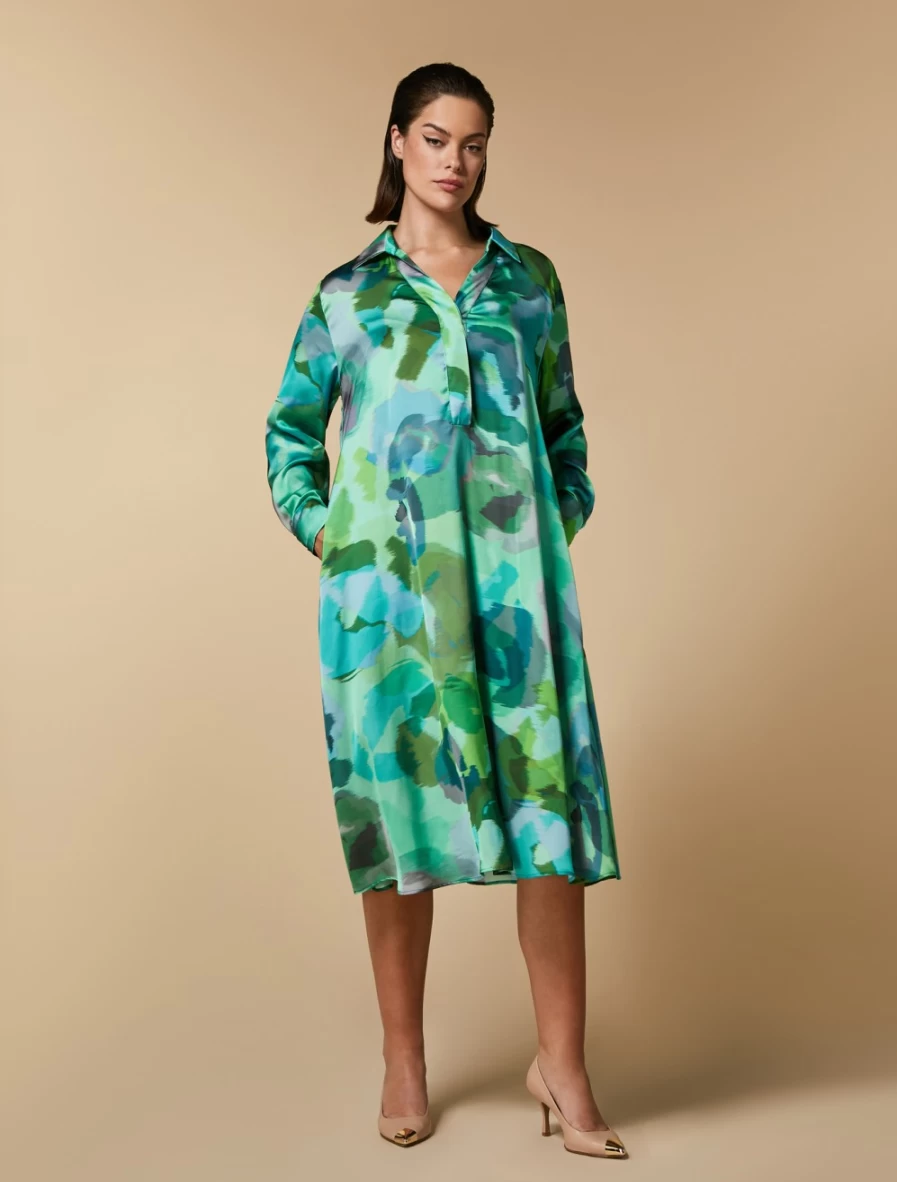 Marina Rinaldi Women's Green Printed Satin Dress - Elegant Floral Evening Gown