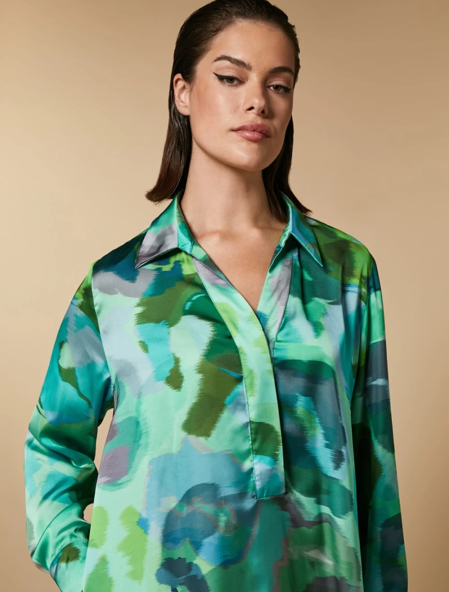 Marina Rinaldi Women's Green Printed Satin Dress - Elegant Floral Evening Gown