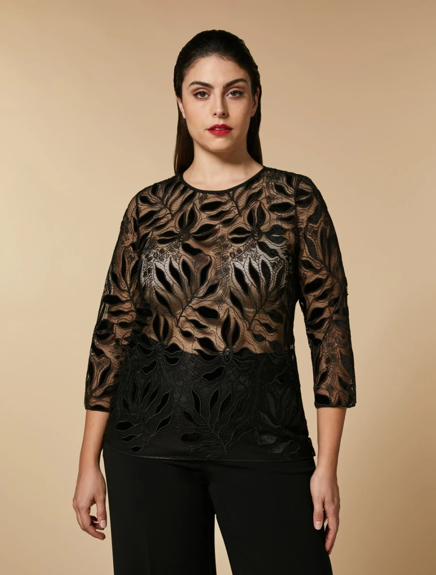 Marina Rinaldi Women's Black Embroidered Lace T-Shirt Elegant Feminine Top