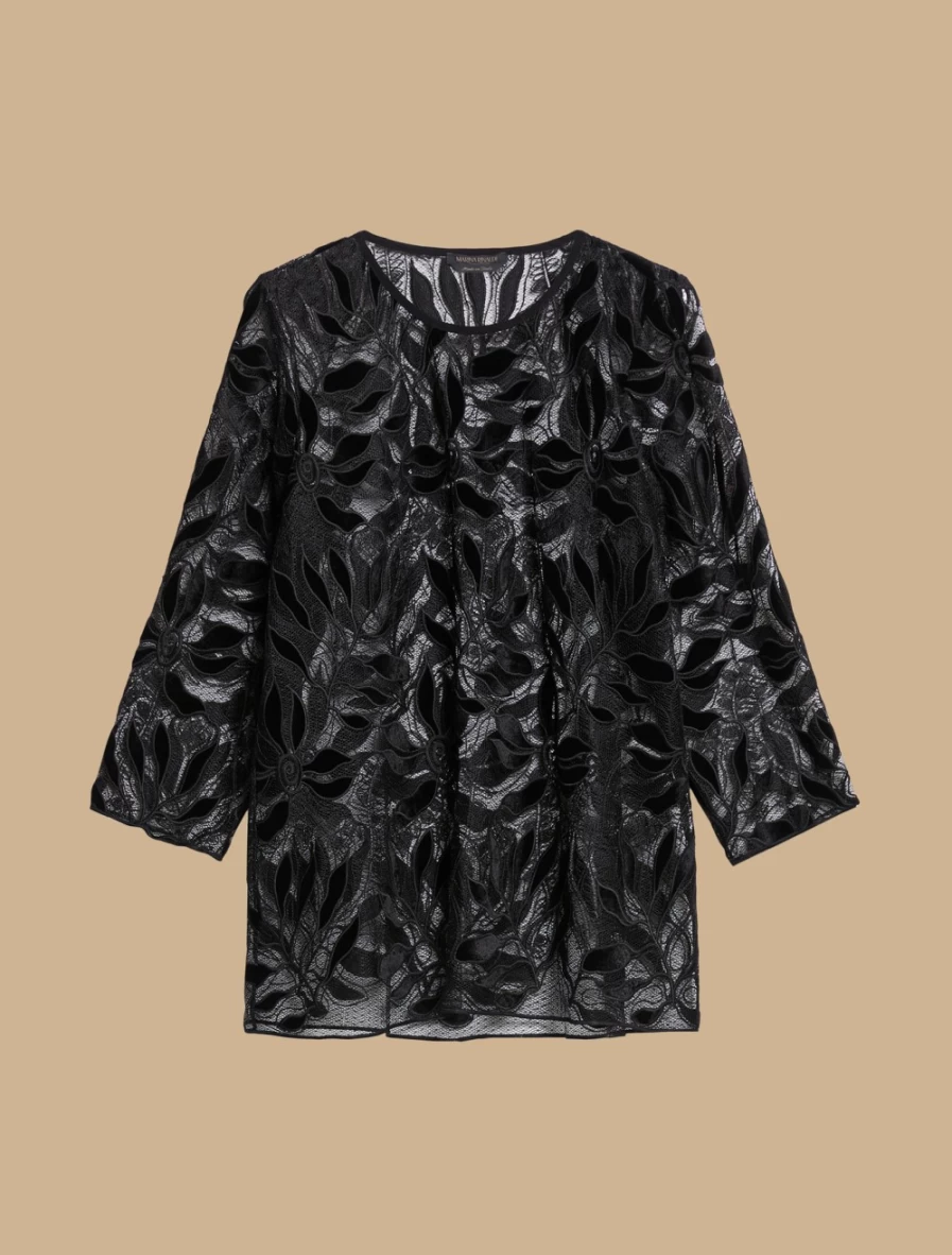 Marina Rinaldi Women's Black Embroidered Lace T-Shirt Elegant Feminine Top