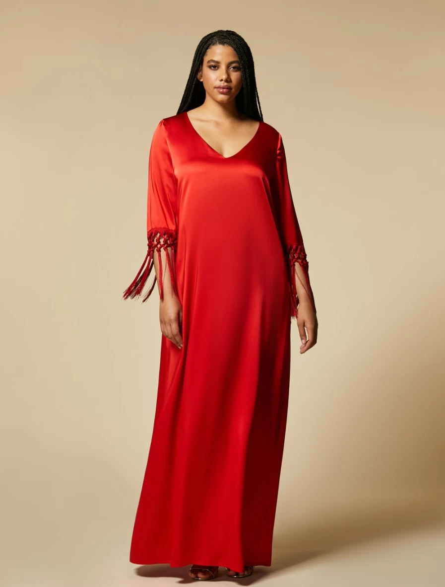 Marina Rinaldi Women's Red Fluid Satin Dress - Elegant Sleeveless Evening Gown