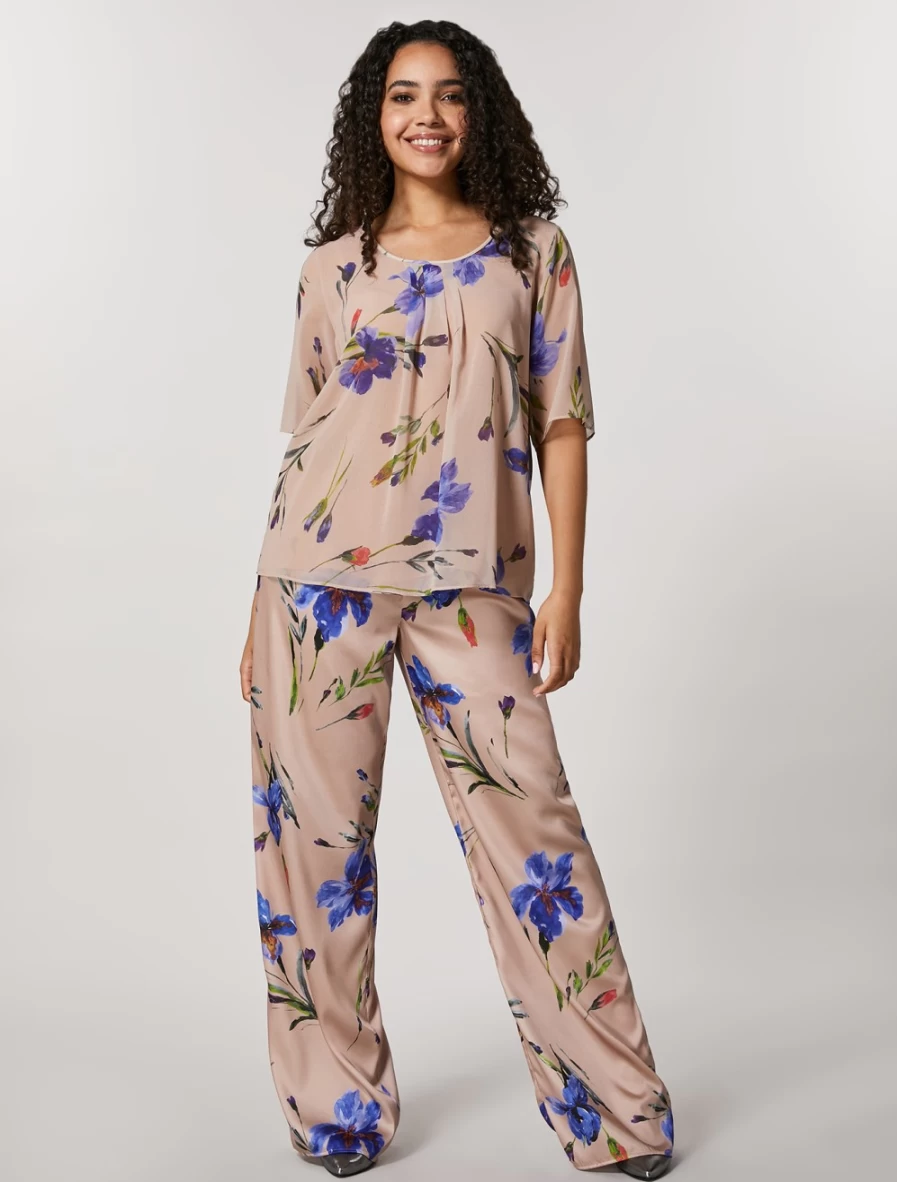 Marina Rinaldi Women's Beige Printed Twill Trousers | Classic Comfort & Style