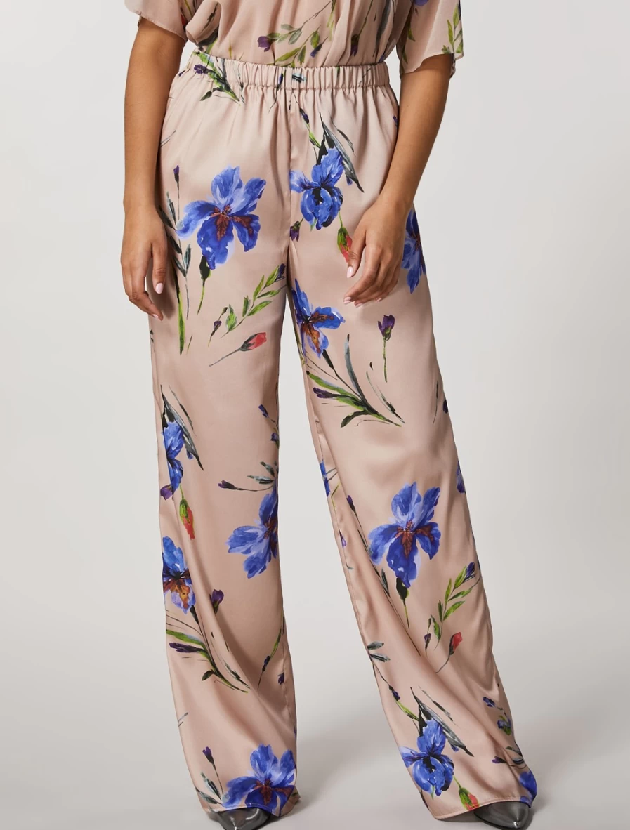 Marina Rinaldi Women's Beige Printed Twill Trousers | Classic Comfort & Style