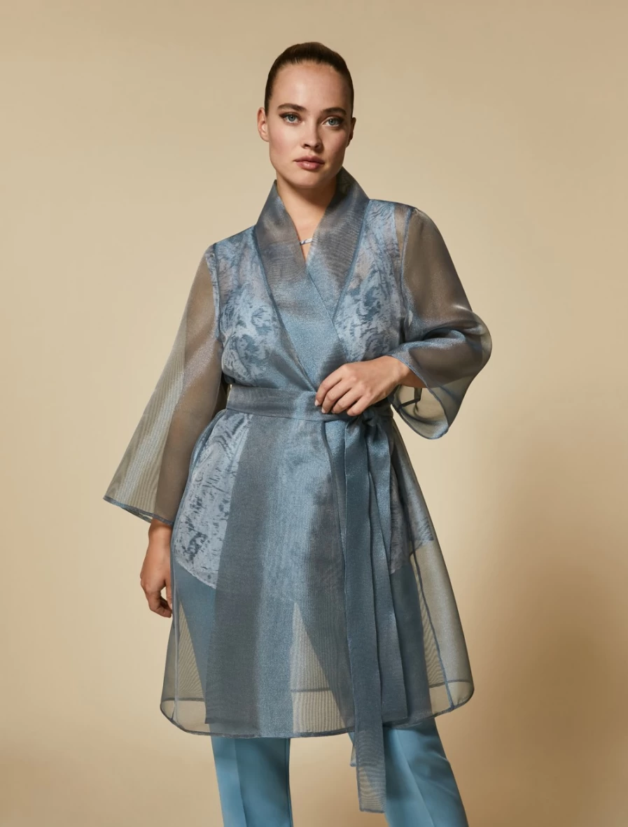 Marina Rinaldi Women's Ski Blue Organza & Lurex Duster Coat