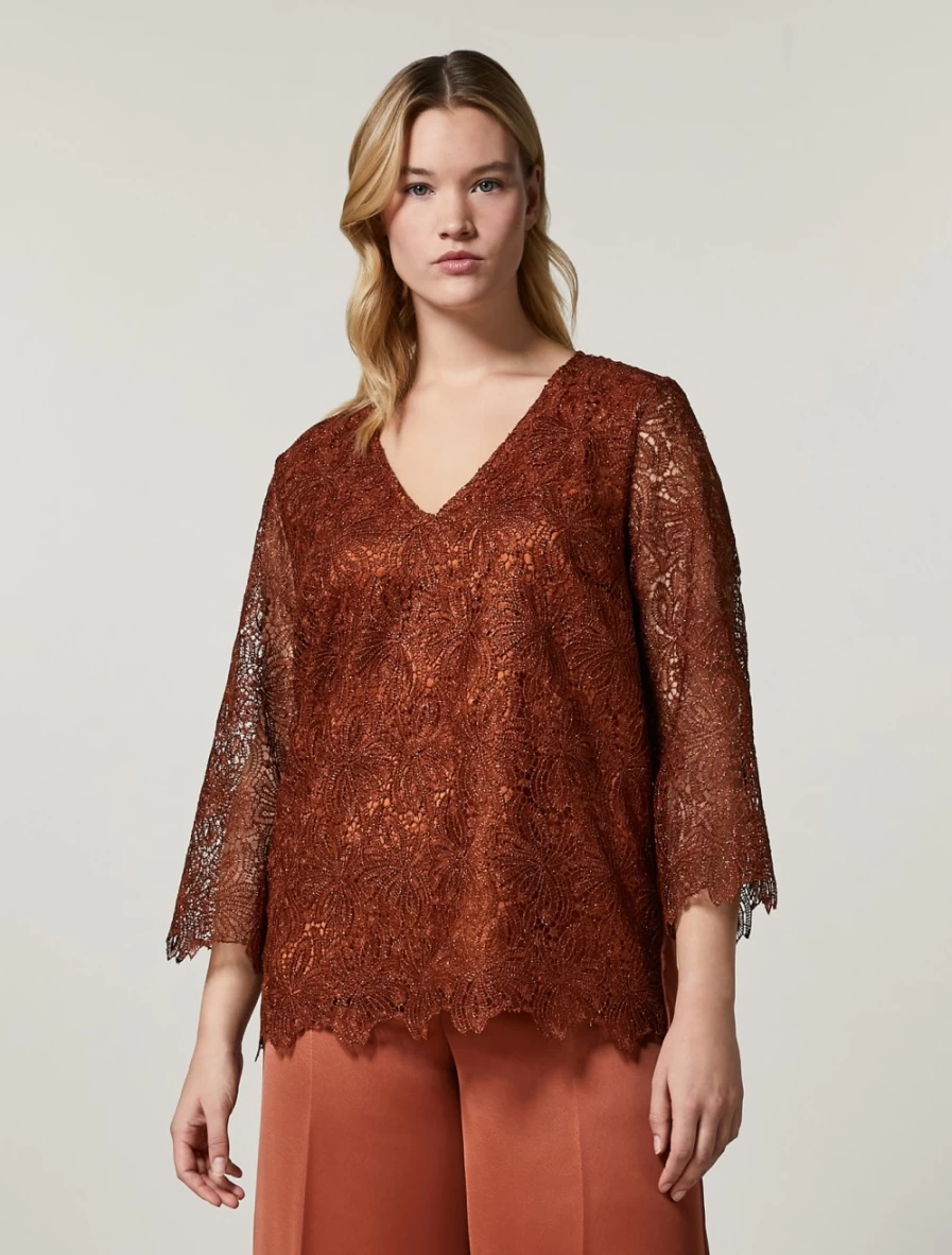 Marina Rinaldi Women's Rust Macramé Lace & Crepe Satin Blouse
