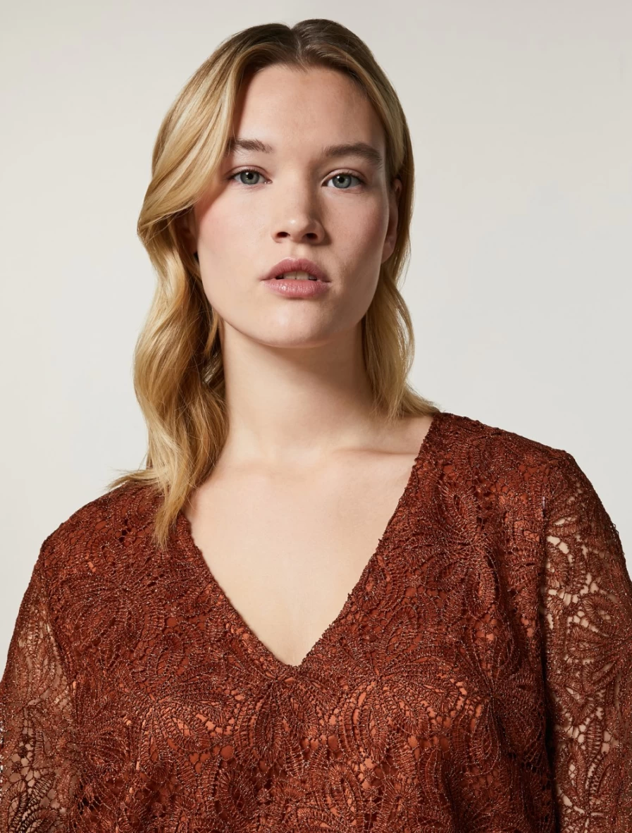 Marina Rinaldi Women's Rust Macramé Lace & Crepe Satin Blouse