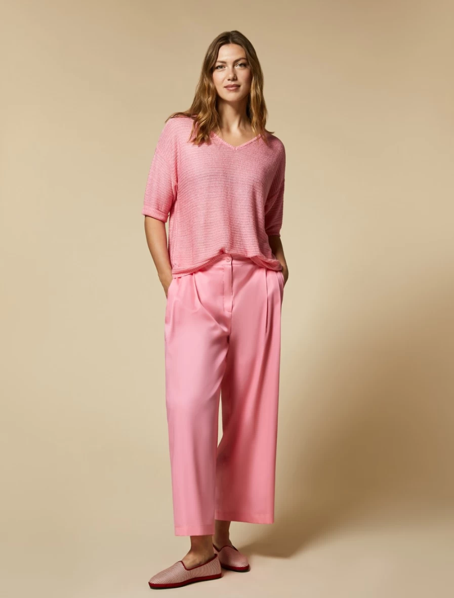 Marina Rinaldi Women's Fuchsia Cotton Satin Trousers | Elegant High-Waisted Pants