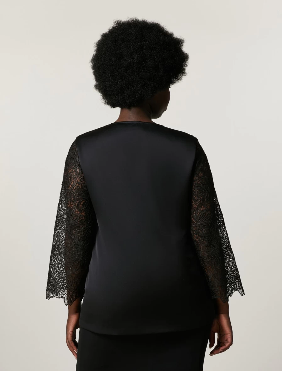 Marina Rinaldi Women's Black Macramé Lace and Crepe Satin Blouse